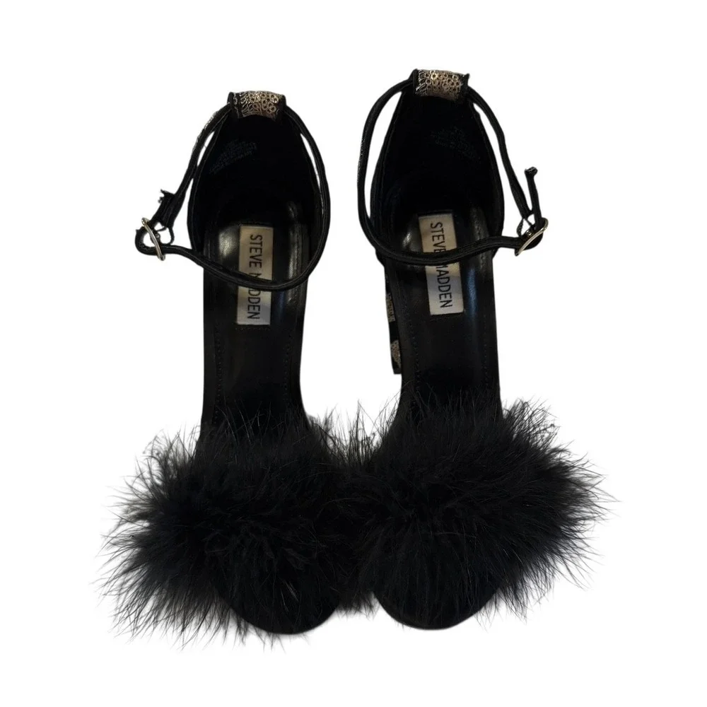 Steve Madden Carabu Black Chunky Heel Gold Floral Feathers  Wm's Size 7.5 - Picture 3 of 9